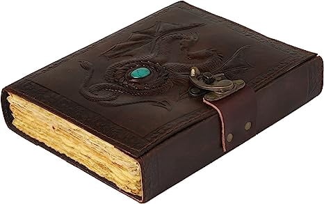 OVERDOSE Deckle Double Dragon with Stone Leather Journal - Vintage Travel Journal for Men & Women Sketch Diary Book of Shadows Handmade Vintage Deckle Edge Paper - 6 x 8 inches | 15 x 20 cm | A5