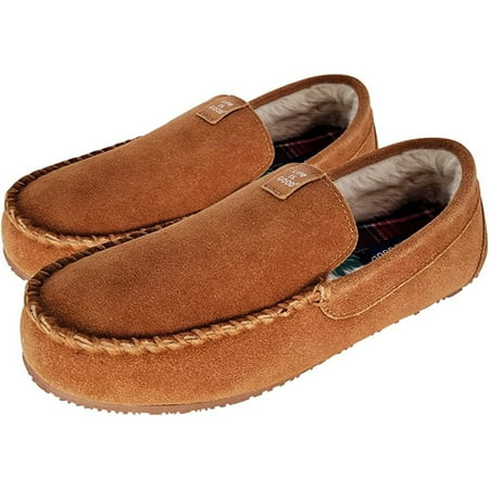 

LIFE IS GOOD Men s Venetian Moccasin Slippers 302795M - Suede & Faux Fur Close Back Indoor/Outdoor Slip-Ons - Premium Comfort & Durable Loafers with Plaid Lining & EVA Outsoles Tan/Holiday Plaid...