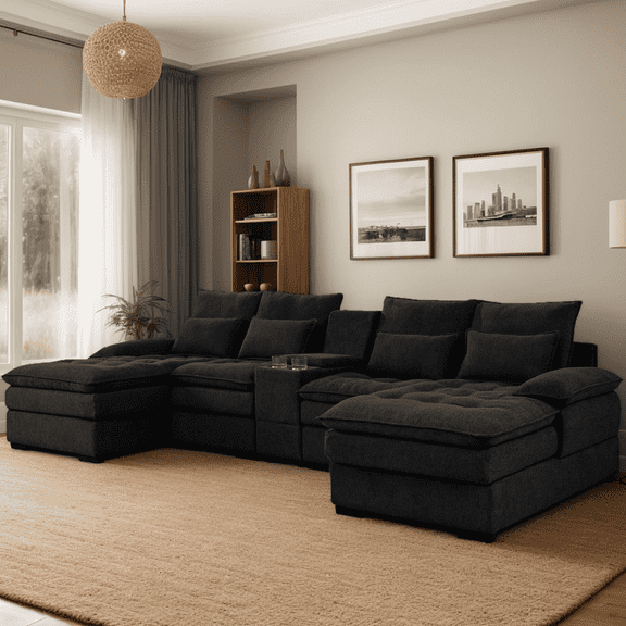 130" U-Shaped Modular Sectional Sofa, Oversized Cloud Couches with Storage Console & Cup Holders, Comfy Linen Sofa with Chaise/8 Pillows, 6-Seater Deep Seat Couches for Living Room