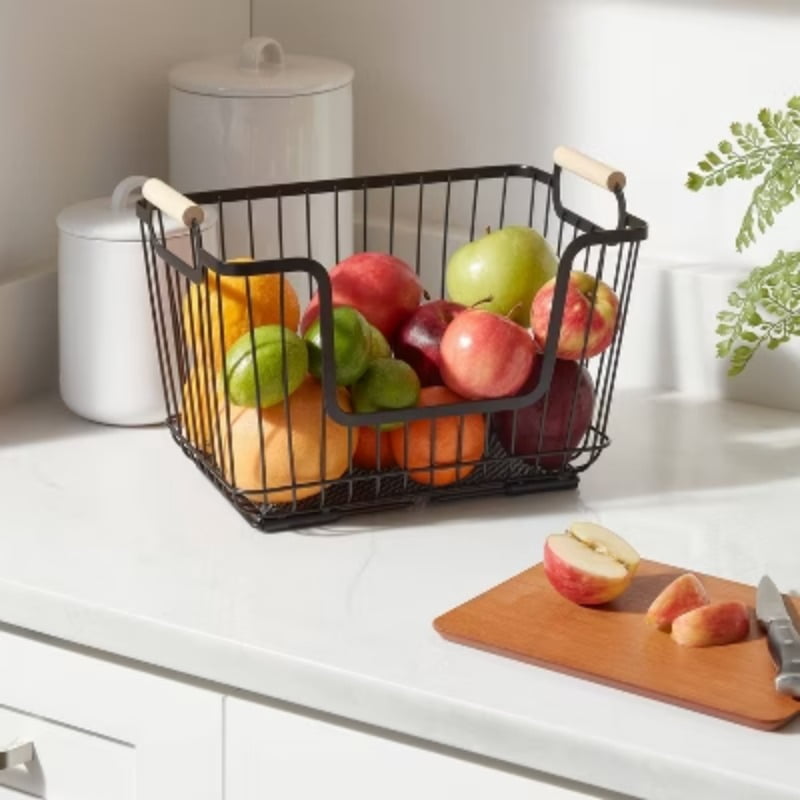 Metal Stackable Wire Pantry Basket with Rubber Wood Handle Black - Kitchen Storage Organizer, 9"x13.5"