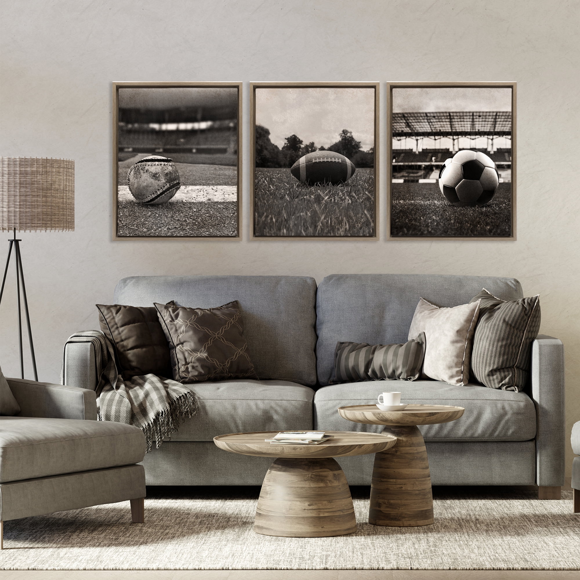 Stupell Industries Vintage Sports on Field 3 Piece Brown Framed Floater Canvas Set, design by Marcus Prime