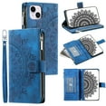 thumbnail image 2 of Compatible with Galaxy iPhone 13 Case Wallet for Women, Mandala Floral Embosssed PU Leather Folio Zipper Cover Magnetic Flip Book Case with Card Holder Wrist Strap,Blue, 2 of 9