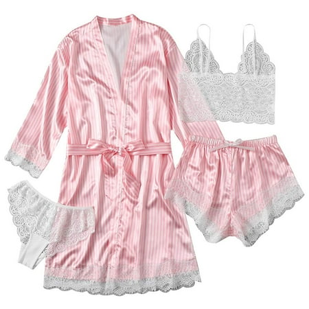 

Lanhui 4-Piece Women Garter Lingerie Set Robes Lace Bodysuit Deep-V Neck Underwear