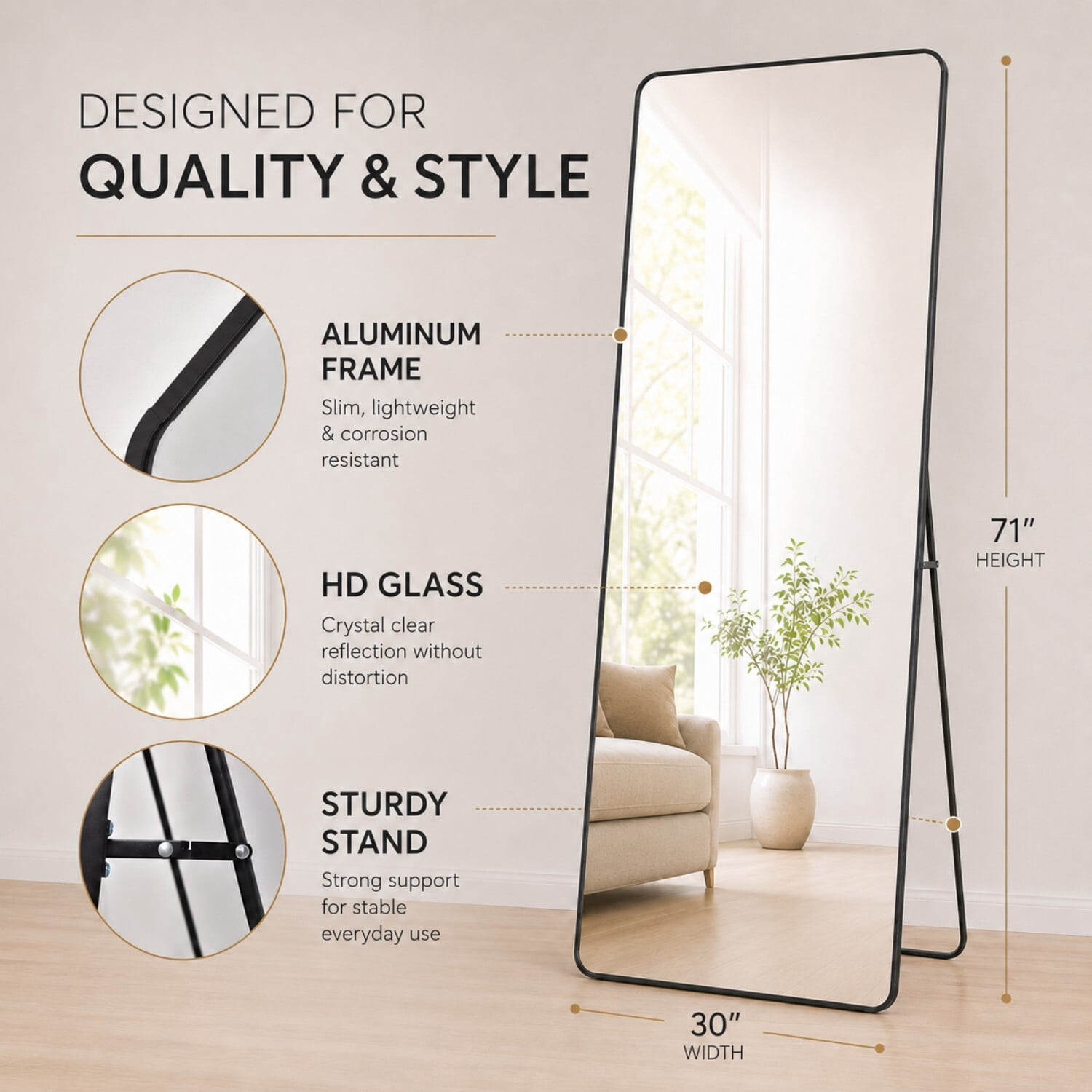 Easy4Home 71"x30" Rectangular Full Length Mirror Round Corner Freestanding Wall Mirror with Metal Frame, Black