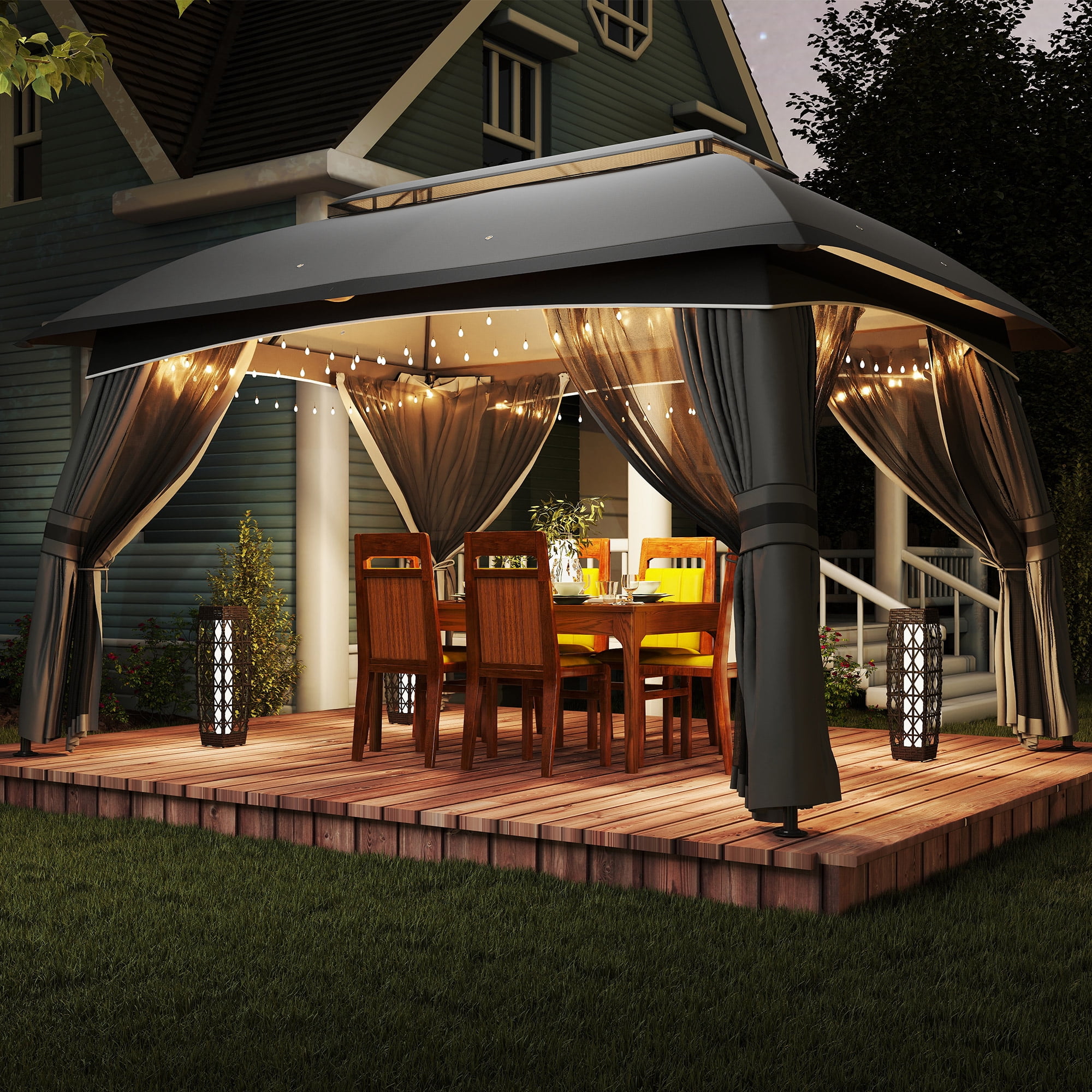 Outsunny 10' x 13' Patio Gazebo with Netting & Curtains, Dark Gray