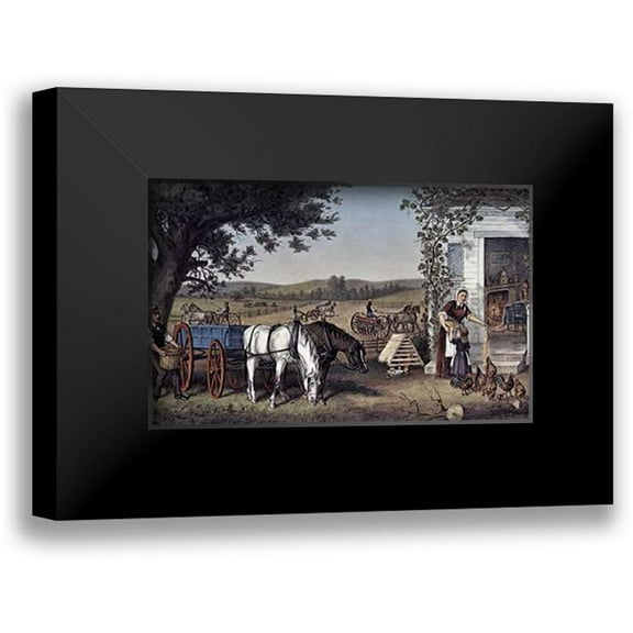 Ives, Currier and 14x10 Black Modern Framed Museum Art Print Titled - Farm and Fireside