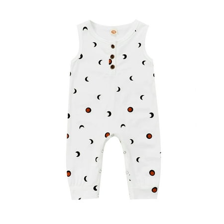 

Canrulo Infant Baby Boy Girl Sleeveless Jumpsuit Cotton Moon Printed Romper One Piece Playsuit White 18-24 Months