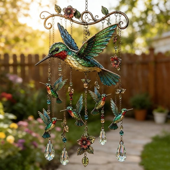 Graceful Hummingbird Wind Chime, Stained Glass & Crystal Sun Catcher Windchime for Outside, Colorful Bird Yard Decorations Outdoor, Memorial Gardening Gift for Women Mom Grandma