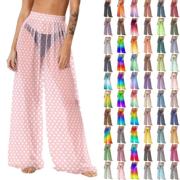 Pincandy Women See Through Sheer Mesh Pants Beach Swimsuit Bikini Bottom Cover up Party Club Elastic High Waist Wide Leg Pants