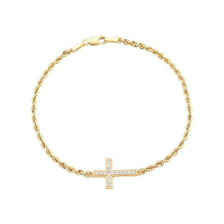 Brilliance Fine Jewelry Cubic Zirconia Cross on Rope Bracelet in 10K Yellow Gold, 7.5u0022