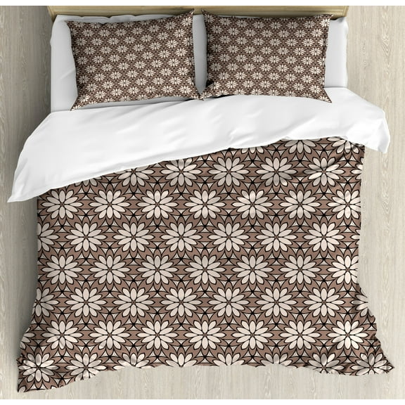 Chocolate Duvet Cover Set King Size, Arabesque Classic Floral Pattern in Earth Tones Boho Middle Eastern Fashion, Decorative 3 Piece Bedding Set with 2 Pillow Shams, Ivory Warm Taupe, by Ambesonne