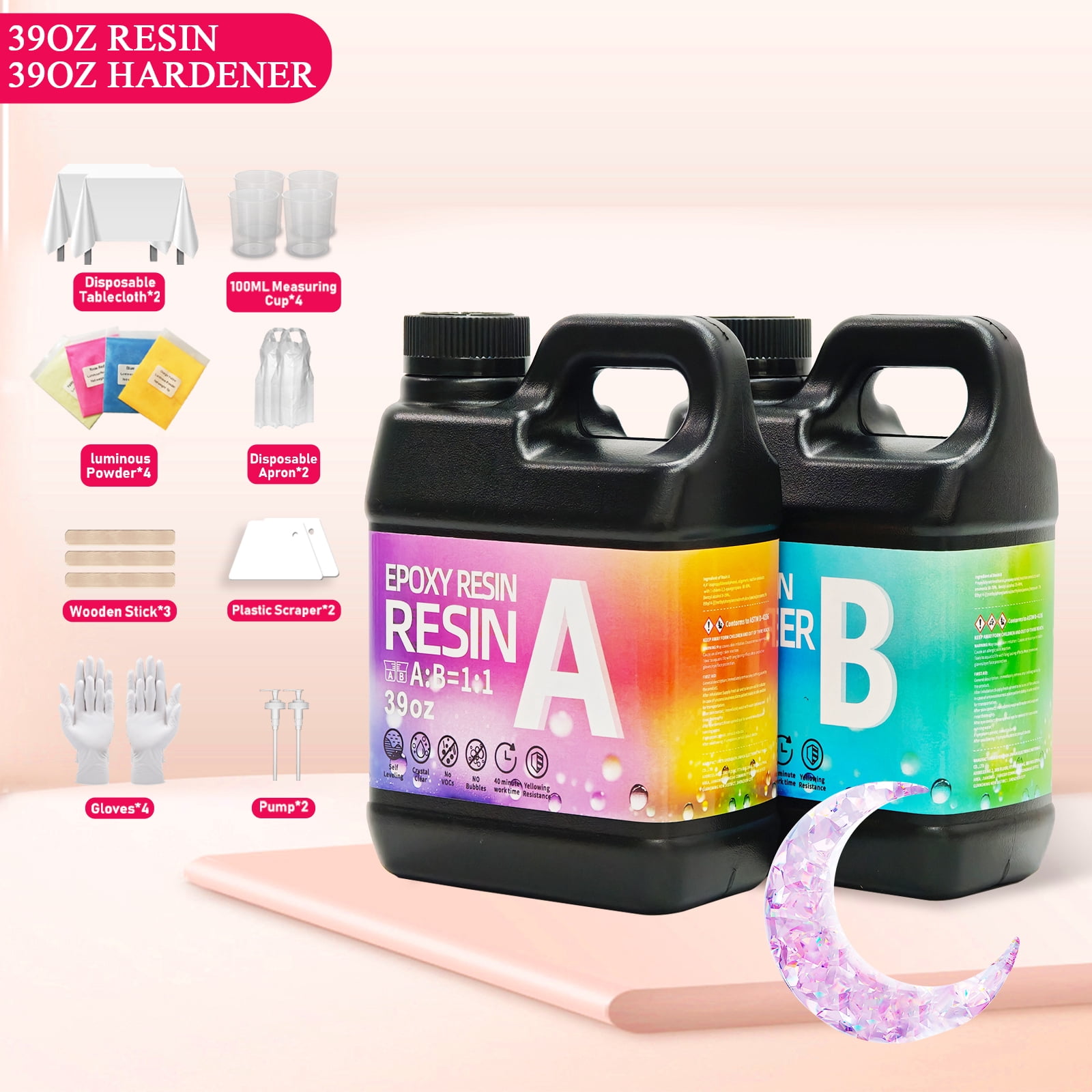 624OZ Epoxy Resin Kit，With 32 luminous power Crystal Clear Epoxy Resin, Strong, Bubble-Free, Anti-Yellowing Art Resin That, Suitable for Casting, DIY, Molds, Jewelry, Easy to Mix 1:1 Ratio