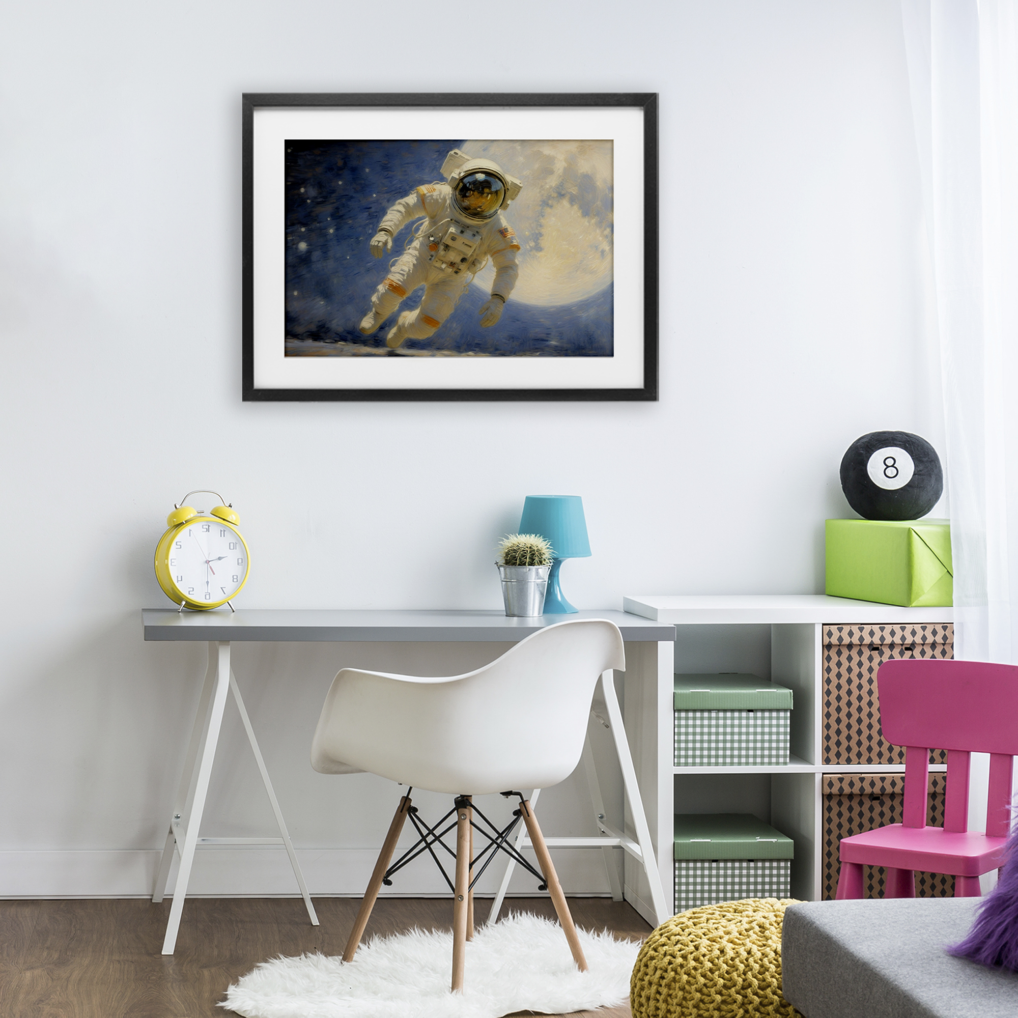 Astronaut in Vast Galaxy Black Framed Print Under Glass, design by Angie Hawke