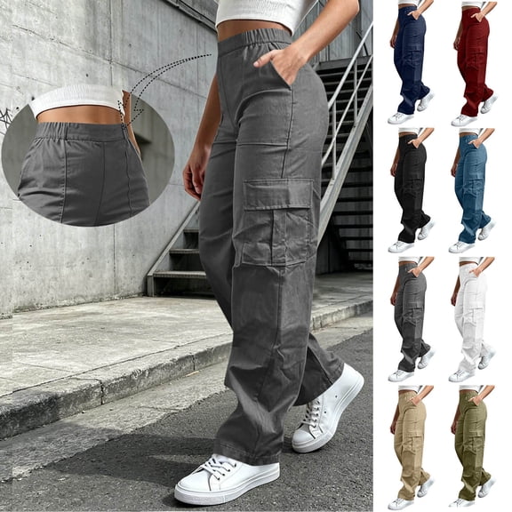 VBVC Women's Y2K Pull On Cargo Pants , Loose Wide Leg Trousers For Women , Ladies' Elastic Waist Utility Pants with Pockets, Dark Gray , S-2XL