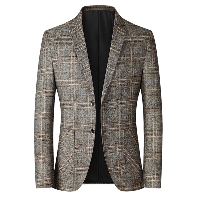 Gaexia Veste de Complet à Carreaux pour Homme Coupe Ajustée Automne Hiver Décontractée Brossée Ourlet Rond Deux Boutons