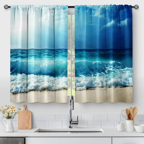 Beach Ocean Sea Kitchen Curtains - Country Short Cafe Tier Curtains Decor for Living Dining Bathroom Room Summer Seascape Hawaiian Theme Blue Waves Window Drapes 24 Inch Length 2 Panels set 28"x24"