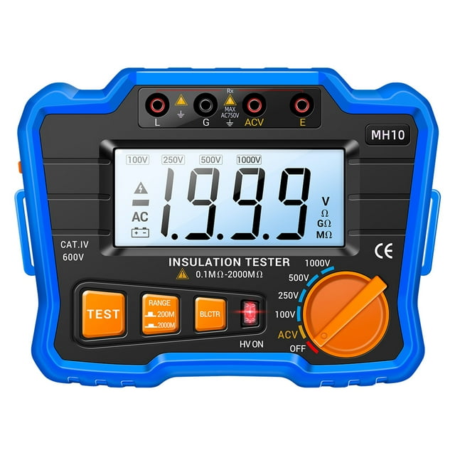 Testeur de Résistance d'Isolation 100V/ 250V/ 500V/ 1000V Testeur de Résistance avec Écran d'Affichage Numérique Rétroéclairé LCD