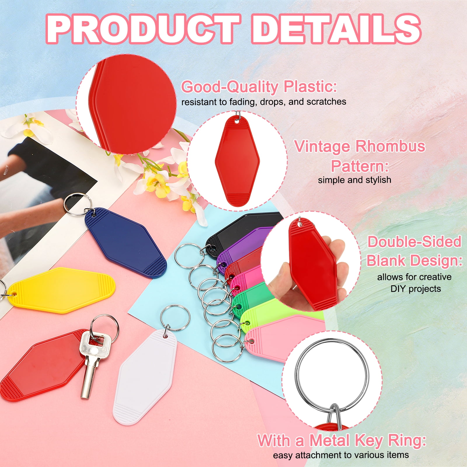 Uxcell 55 Pcs Blank Hotel Keychain Tags - Red Vintage Motel Key Tag Plastic Rhombus Keychain with Key Ring,[for Vinyl DIY Crafts Car Ornament Sublimation Luggage Label]