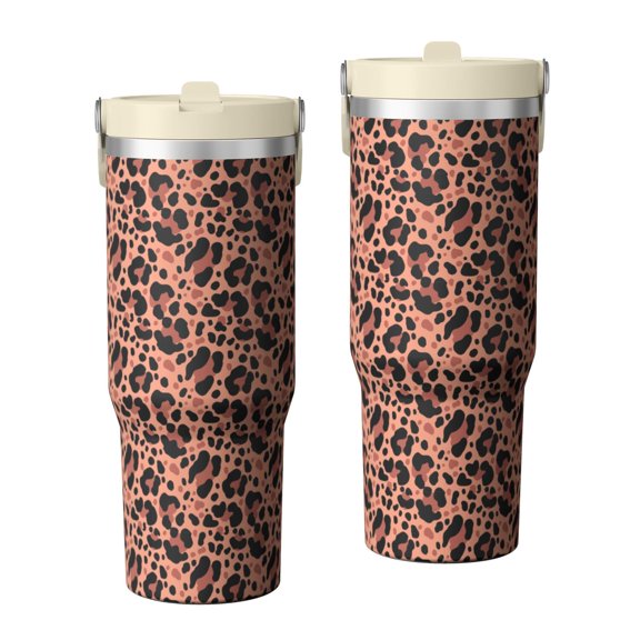 Leopard Print 30oz Handheld Travel Tumbler with Handle – Double Wall Stainless Steel Insulated Cup, Flip Straw Lid, Leak-Proof & BPA-Free for Hot and Cold Drinks – Durable Coffee & Juice Mug Black
