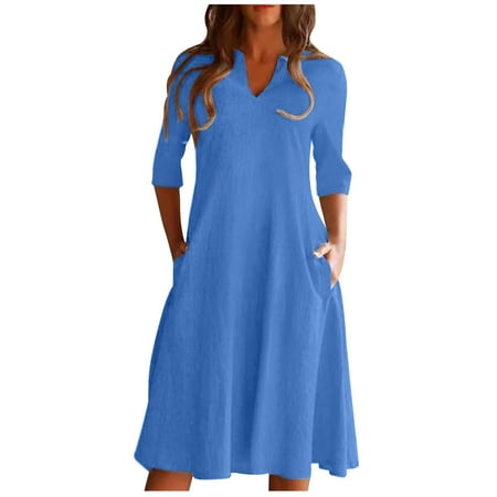 

YanHoo Women s Summer Dresses Linen V Neck Medium Sleeve Flowy Dress Ladies Solid Casual Midi Dresses with Pockets