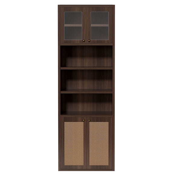 S-HOME 71” Tall Kitchen Pantry Cabinet Anti-Tip Organizer with Open Shelves and Rattan Doors Extra Deep 15.8 Inch for Storage Solutions, Brown