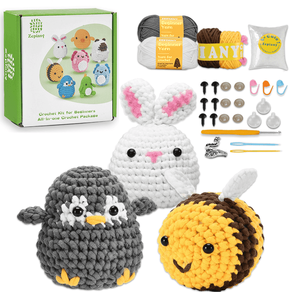Zepiany Crochet Kit for Beginners, Crochet Animals Kit with Step-by-Step Video Tutorials, 3 Pieces