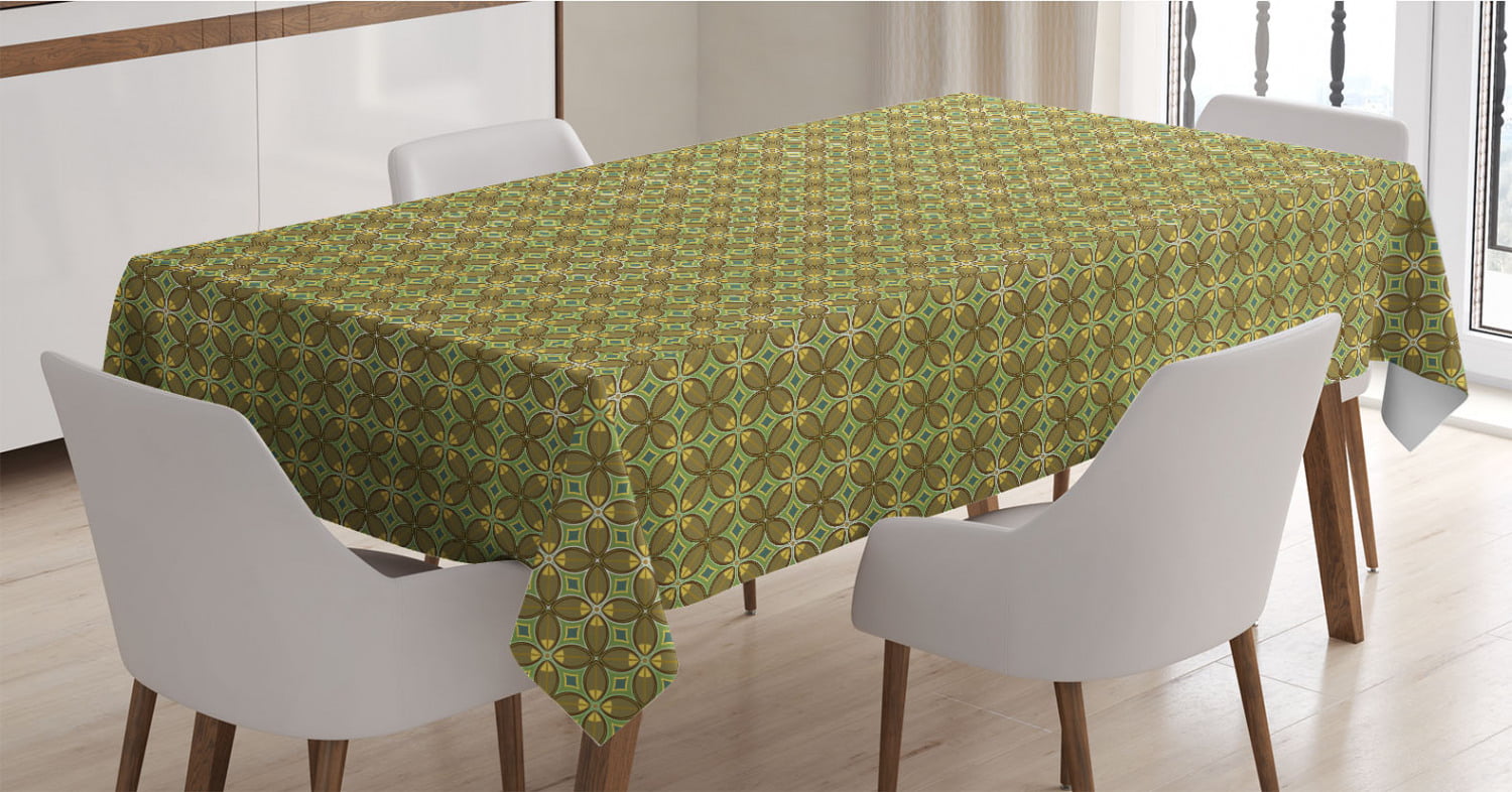 Ambesonne Earth Tones Tablecloth Multicolor Rectangle Satin Table Cover Accent for Dining Room and Kitchen Natural Colors Inspired Leaf Shapes with Symmetrical Rhombus and Flower Motifs 60 X 90