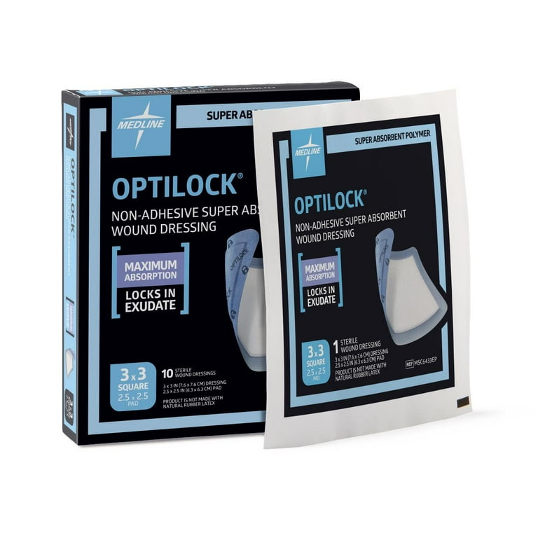 Medline OptiLock Non-Adhesive Super Absorbent Wound Dressings, 3" x 3", 10  Count