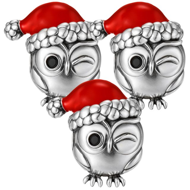 Accesorio navidad plata S925 XmasOwl01 3Pzas Plata S925 Chapa Separador Fijo Búho Navideño Plata/Rojo Caja Blanca 4x4cm.