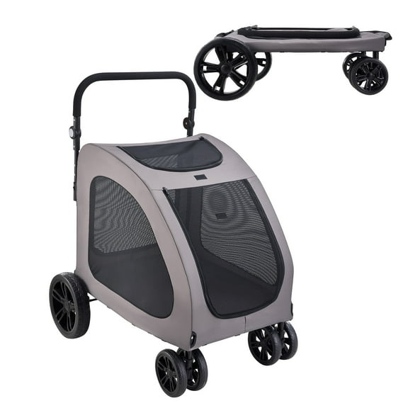 KFFKFF Pet Stroller with 4 Wheels, 160lbs Capacity, Portable Carrier for Pets with Mesh Windows, Adjustable Handle, and Brakes