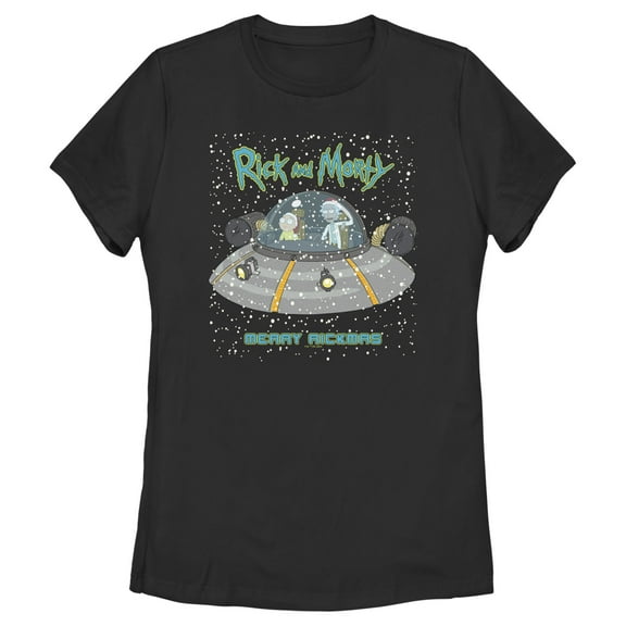 Women's Rick And Morty Snowing Spaceship Merry Rickmas Graphic Tee Black X Large