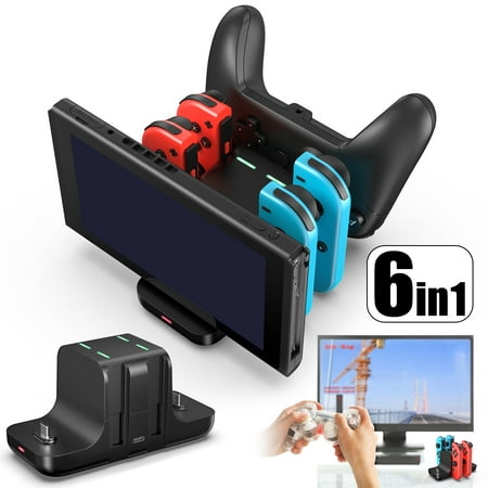 TSV 6-in-1 Charging Dock Fit for Nintendo Switch/OLED, Switch Controller Charger Stand, Portable Fast Charging Station Fit for Nintendo Switch Joy-Con & Pro Controller with 2 USB Type-C Ports
