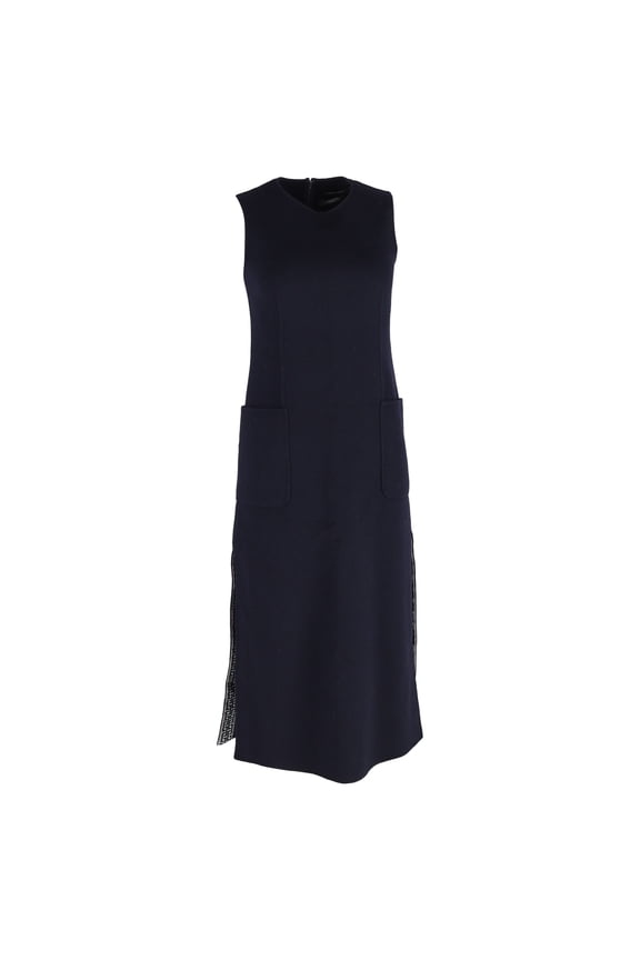 Pre-Owned Max Mara Side Slit Midi Dress with Pockets in Navy Blue Wool