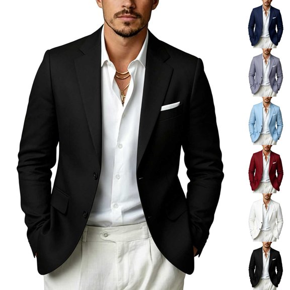 Fmbrln Mens Long Sleeve Casual Blazer Summer Fall Solid Color Suit Jackets Two Button Fashion with Pocket Black XXS