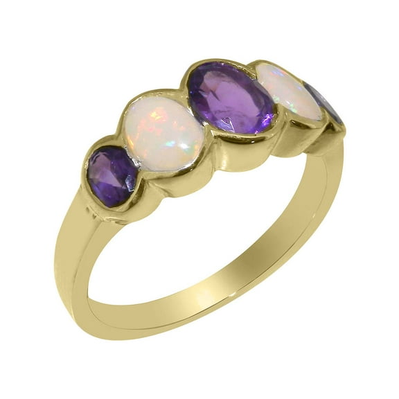 LBG British Made 10k Yellow Gold Natural Amethyst & Opal Womens Band Ring - 33 size options - Size 10