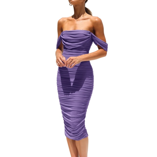 Vestido PRETTYGARDEN 2025 Midi XL con Hombros Descubiertos y Fruncido