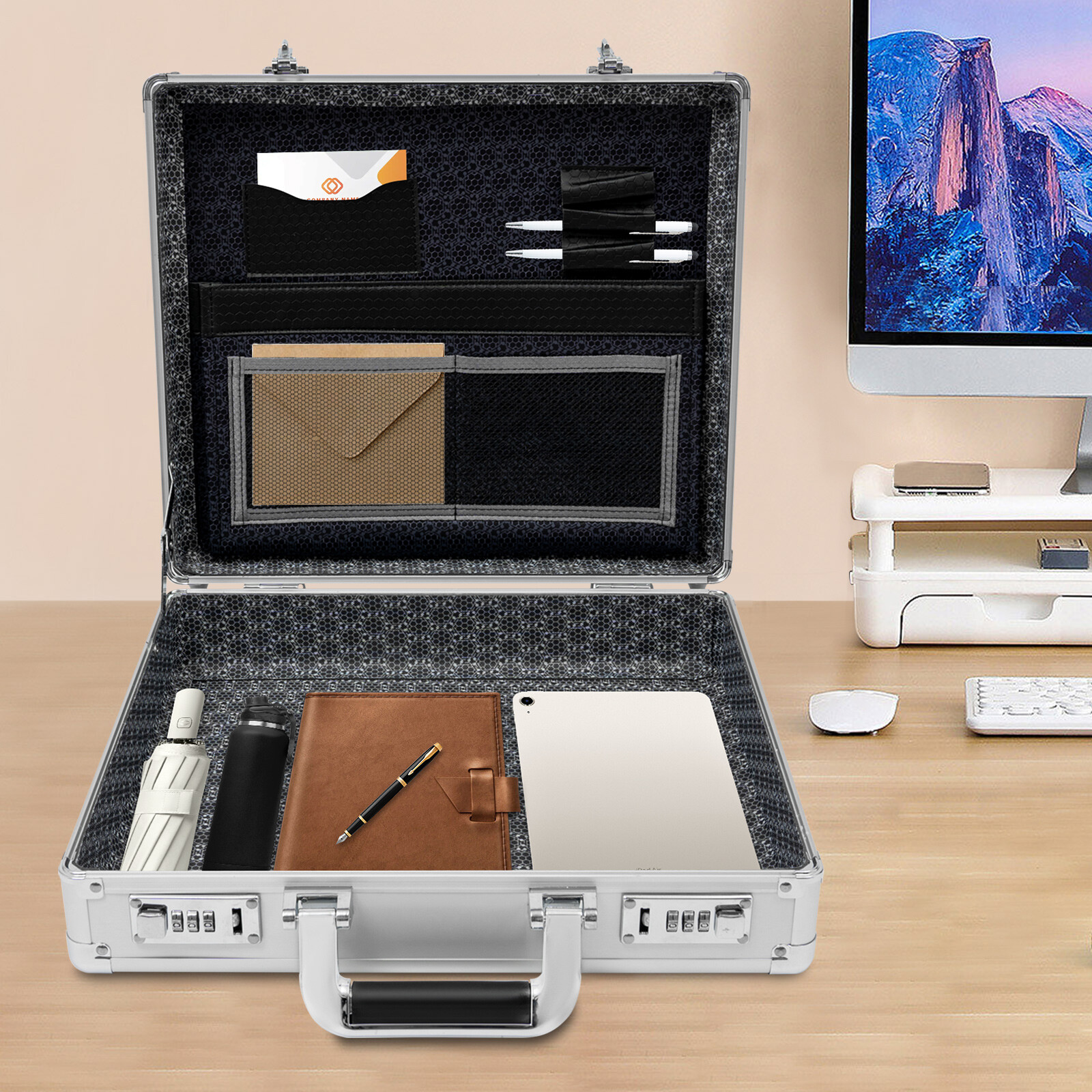 14.96*4.33*13in Hard Security Briefcase Silver White Locking Briefcase for Bussiness Men and Women