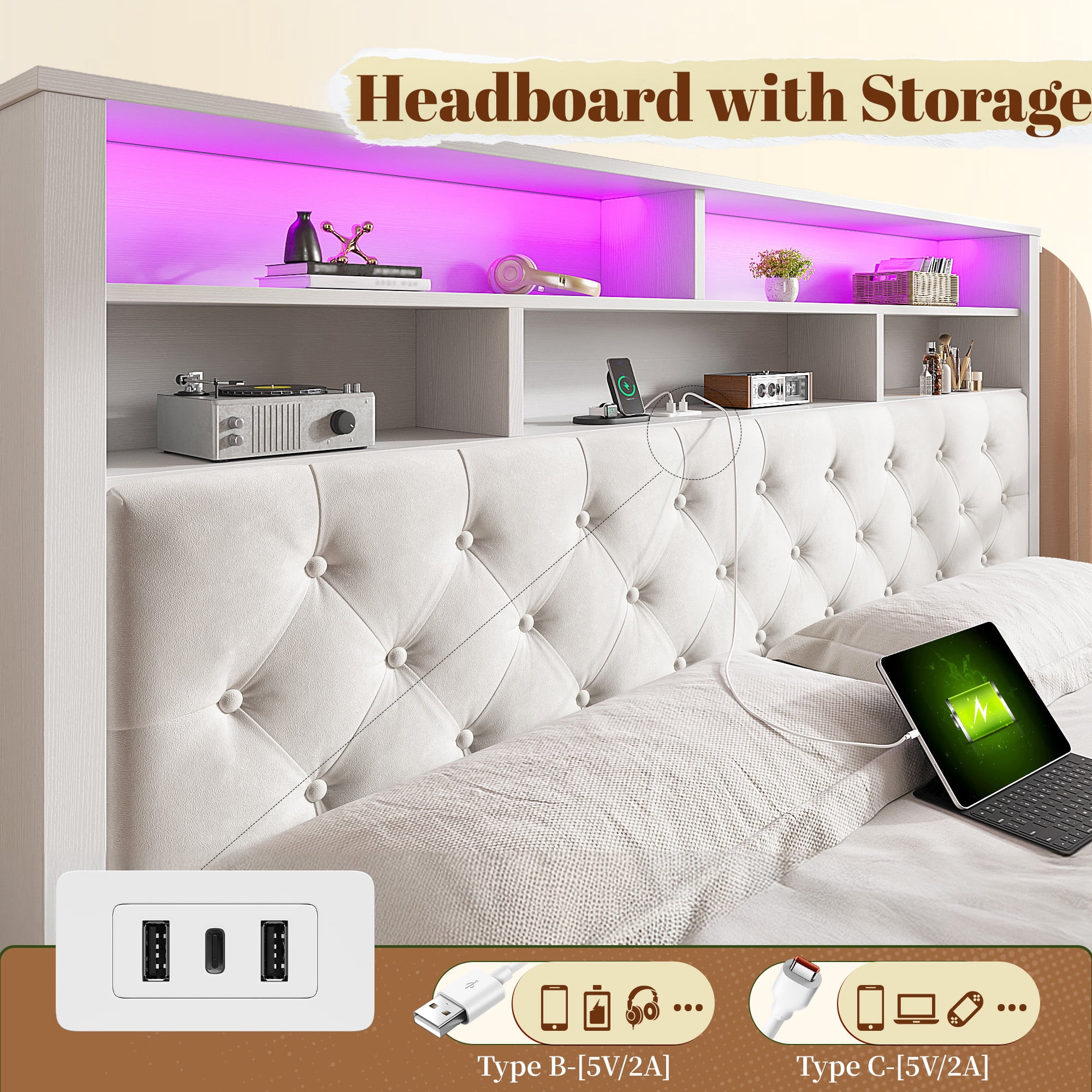 EnHomee King Bed Frame with 4 Storage Drawers Upholstered Platform Bed Frame with Headboard and Storage & Charge Station & LED Lights