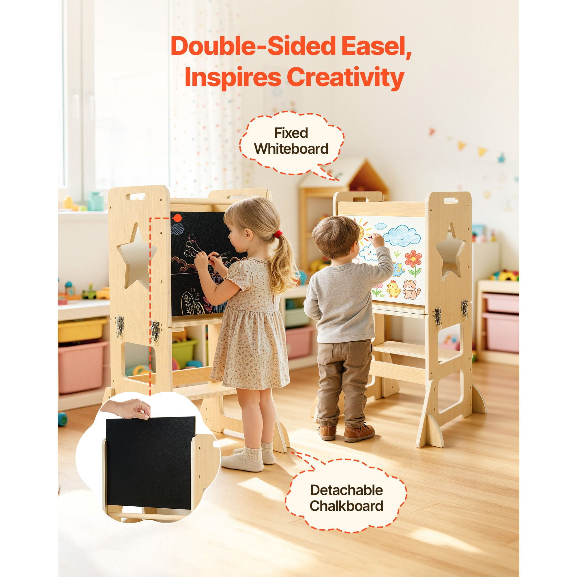 Toddler Tower, Wooden, 4 in 1 Kitchen Step Stool for Kids 1-5, Montessori Weaning Table and Chair Set, Learning Standing Tower with Chalkboard, Easy to Clean, for Bathroom and Kitchen Counter