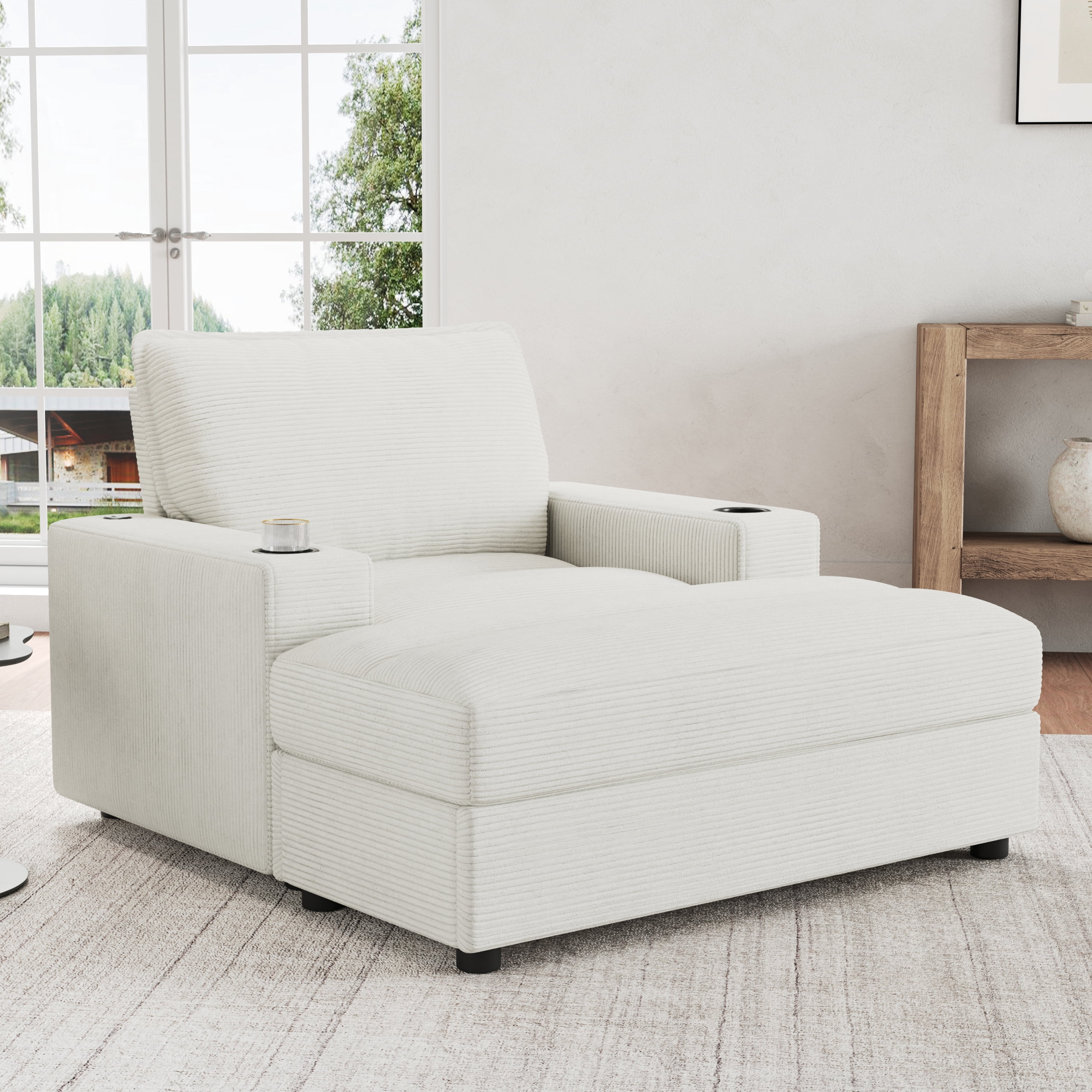 avobird 42.8" Chaise Lounge Chair with Storage Ottoman, Corduroy Sofa Bed with Cup Holders & USB Charging Port, Upholstered Sleeper Chair for Living Room, Beige