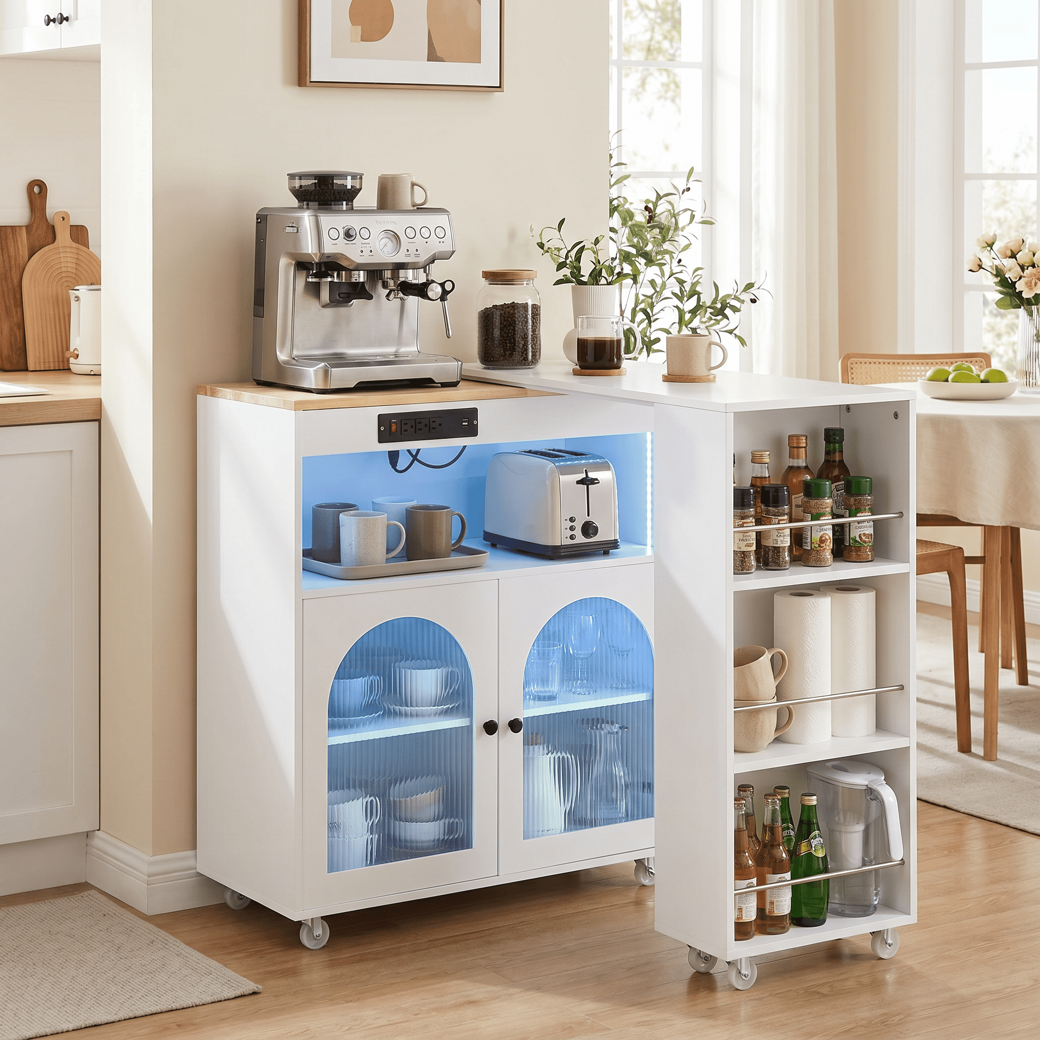 Homy Casa 56" White Rolling Kitchen Island with Power Outlets, LED Storage Cabinet and Extension Top