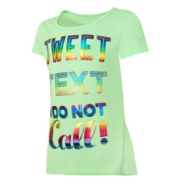 Hanes Girls Graphic Peplum Short Sleeve T-Shirt, XS, Tweet Text/Iced Green Tea