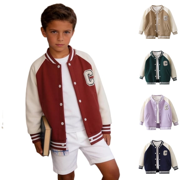 Blekii Children's Baseball Jacket for Boys And Petite Fit Casual Sports Outerwear Olive Green 100