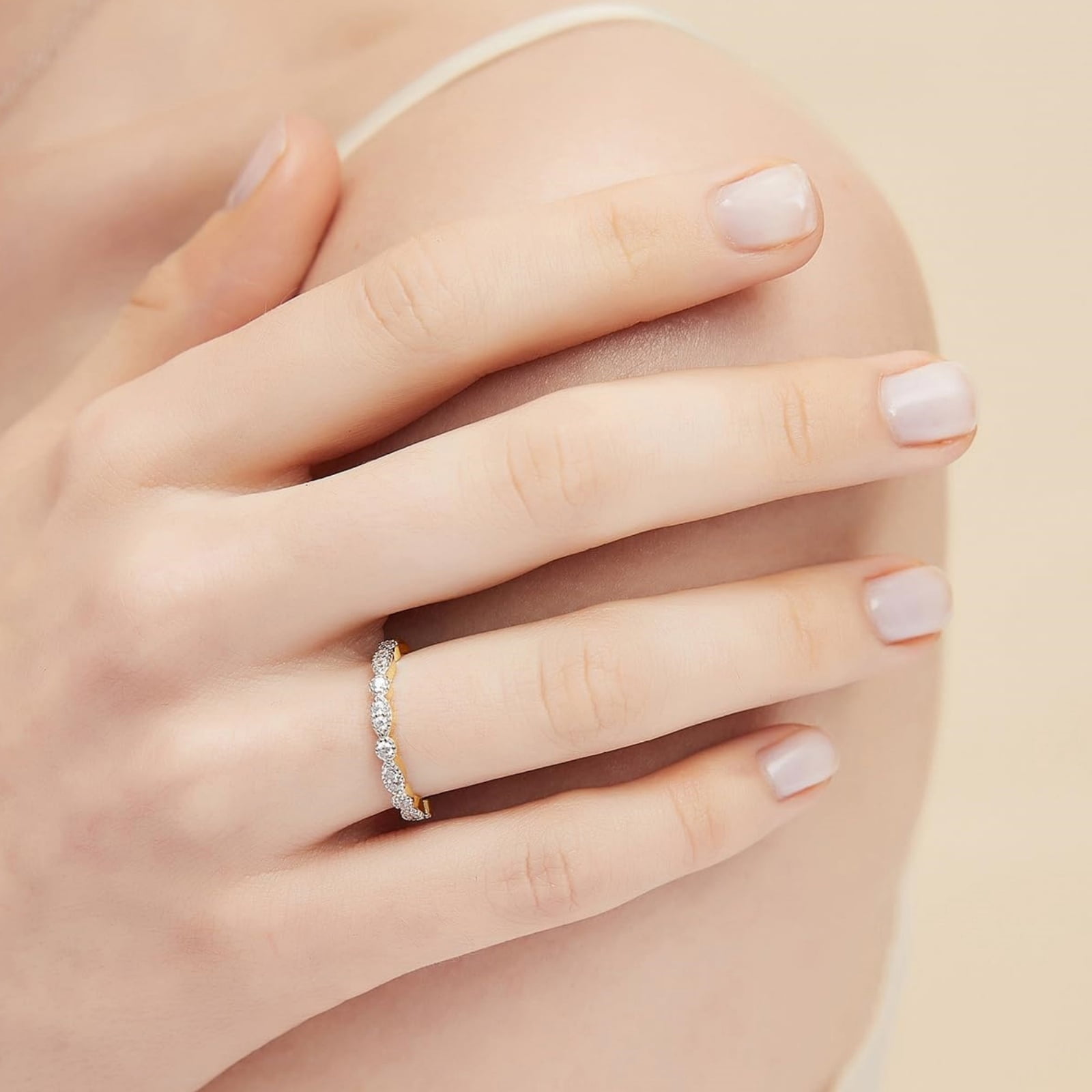 SFTING S925 Sterling Silver Wedding Band for Women Cubic Zirconia Milgrain Marquise & Round Half Eternity Stackable Ring Gold Size 7