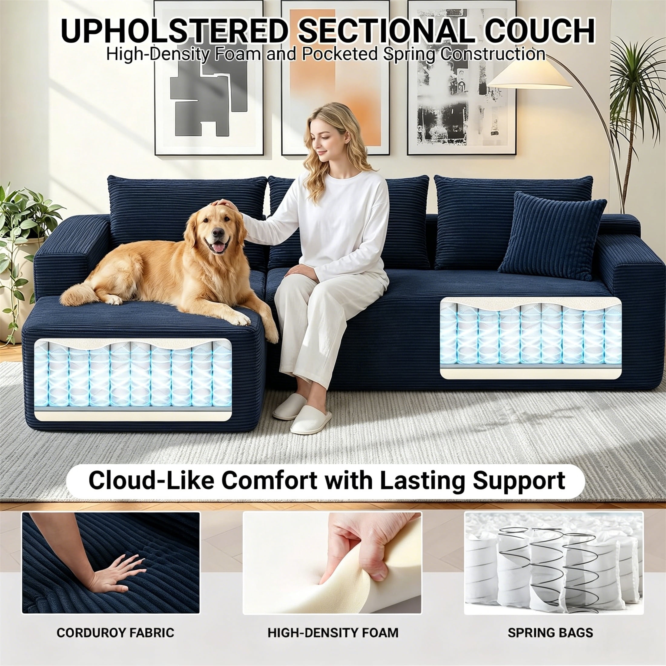 Aukfa 96" Cloud Sectional Sofa Deep Seat Boneless Couch Modular L-Shaped Couch, Right Chaise Corduroy Sofa for Living Room, Blue