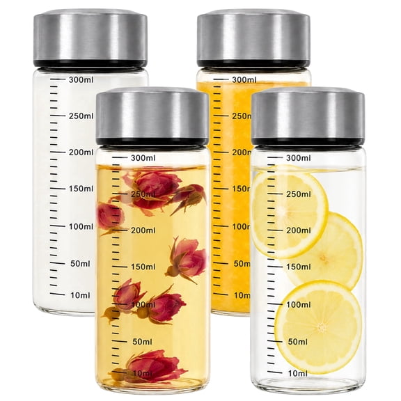4 Pack Glass Bottles with Stainless Steel Lids, 10 oz / 300 ml Smoothie Cups to Go, Borosilicate Glass Juice Bottles with Measuring Scale for Beverages, Milk, Tea