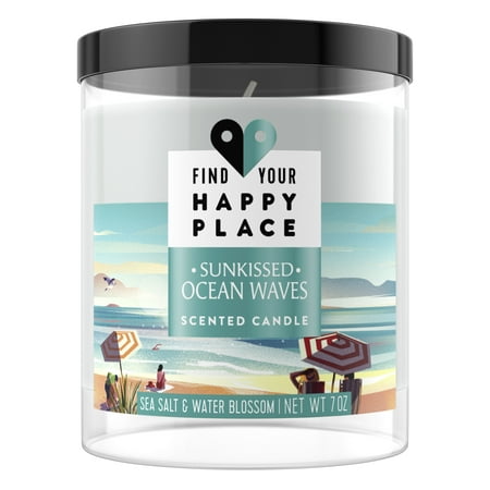 Find Your Happy Place Indoor/Outdoor Ocean Waves Sea Salt and Water Blossom Scented Candle, 3.25u0022 x 3.25u0022 Wax, Black