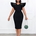thumbnail image 2 of AURA Womens Elegant Beaded Ruffle Sleeve Round Neck Pencil Midi Dress Stretch Office Work Summer, 2 of 9