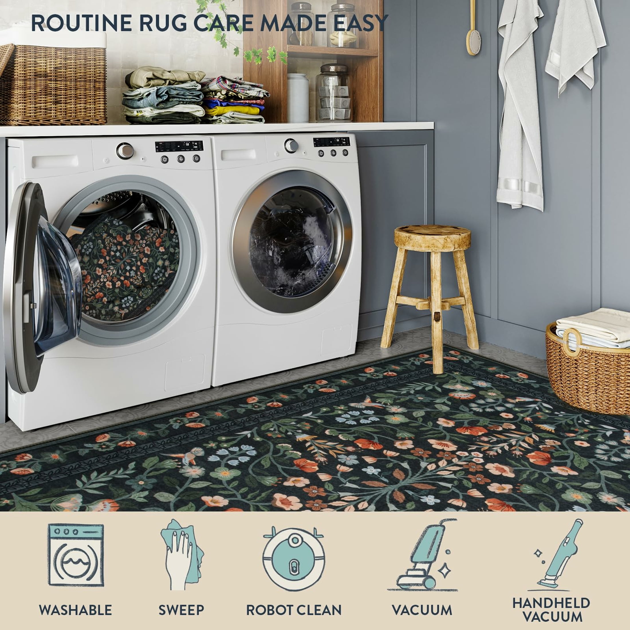 Moynesa 5'x7' Floral Area Rugs for Living Room, Washable Vintage Botanical Rugs for Bedroom, Soft Non Slip Cottagecore Flower Accent Carpet for Dining Room Dorm Apartmen, Black