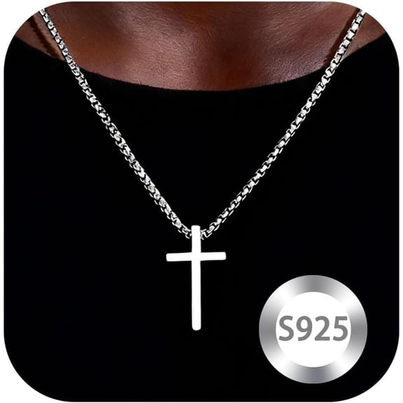 KGOJDYNFYSL Sterling Silver Cross Necklace for Men Cross Pendant Necklaces 16-24 Inch Box Chain Mens Jewelry Gift